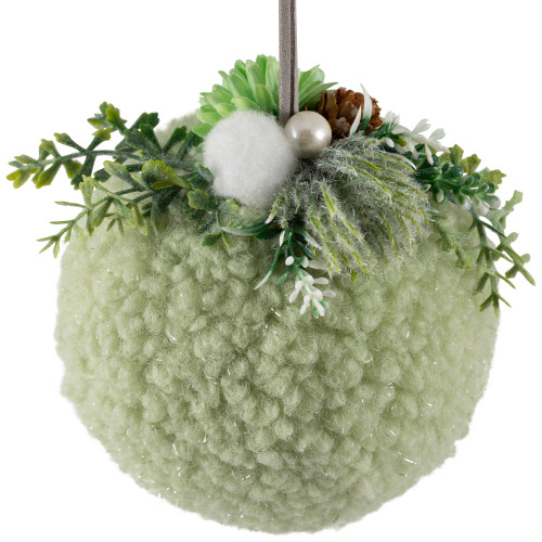 Plush Christmas Ball Ornament with Winter Foliage - 4" - Green