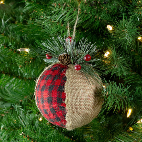 5.5" Red and Black Plaid with Burlap Christmas Ornament