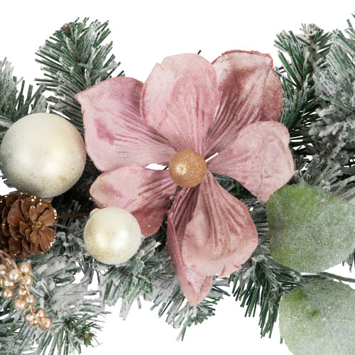 6' Pink Floral and Ball Ornament Frosted Pine Artificial Christmas Garland
