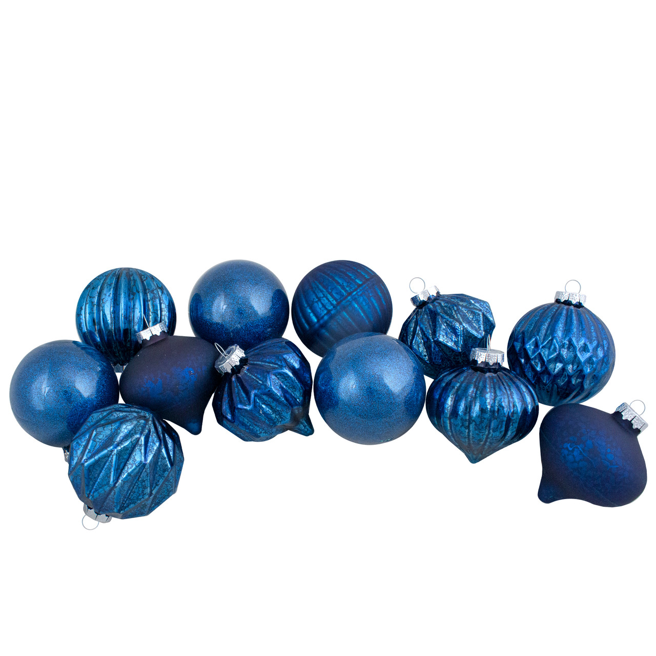 Set of 12 Blue Finial and Glass Ball Christmas Ornaments