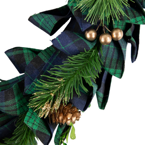 Blue and Green Plaid Bow Artificial Pine Christmas Wreath, 17.75-Inch, Unlit