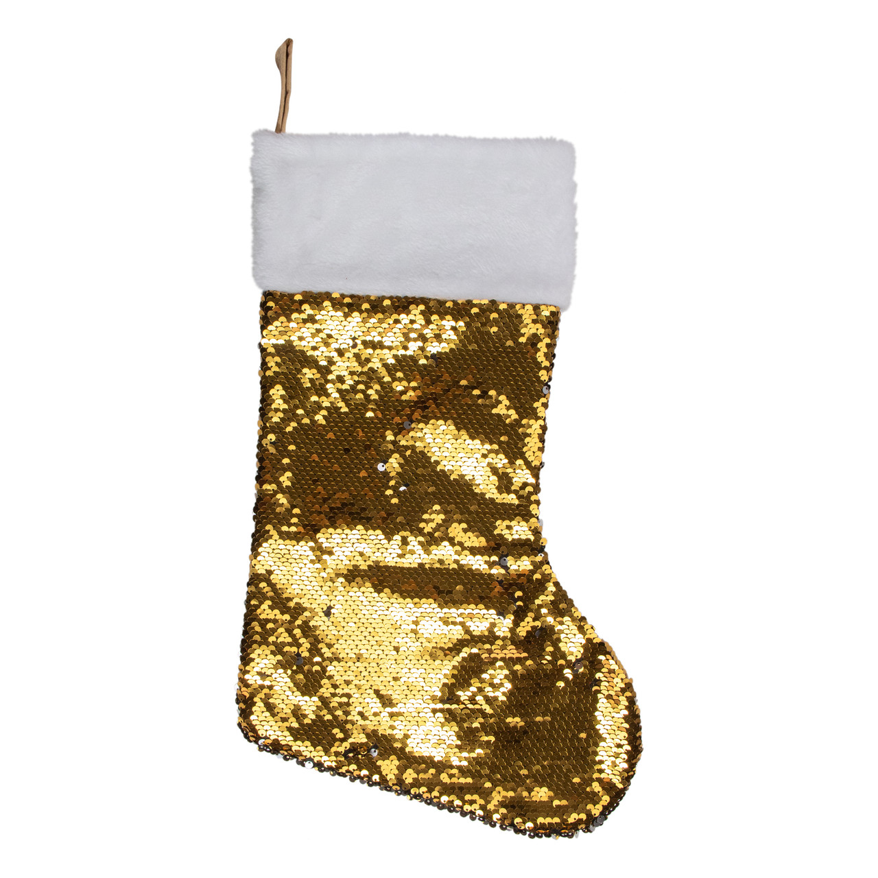 19" Gold and Silver Sequin Christmas Stocking With White Faux Fur Cuff