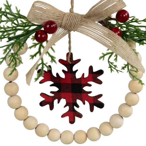 Buffalo Plaid Snowflake Wooden Beads Christmas Wreath Ornament - 7"