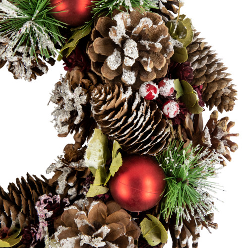 Red Ornament with Frosted Pinecone and Pine Needle Christmas Wreath, 13.5-Inch, Unlit