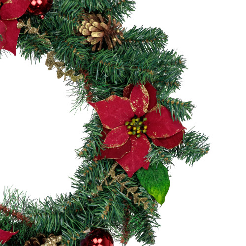 Pine, Poinsettia, Berry and Pine Cone Artificial Christmas Wreath, 24-Inch, Unlit