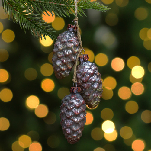7" Rust and Silver Pinecone Glass Christmas Ornament