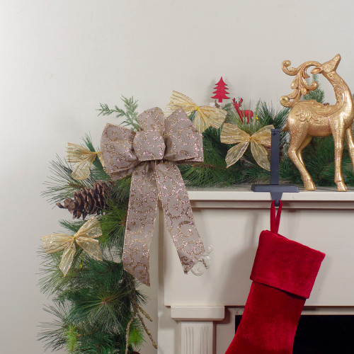 Burlap Glitter Scroll 6-Loop Christmas Bow Decoration - 9" x 14" - Brown and Gold