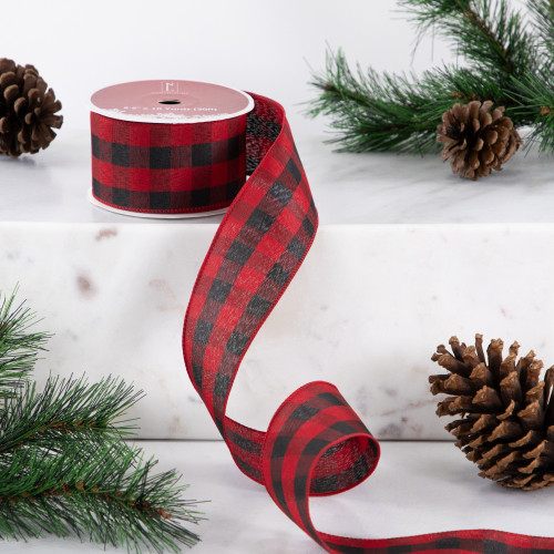Black and Red Check Plaid Wired Craft Christmas Ribbon 2.5" x 10 Yards