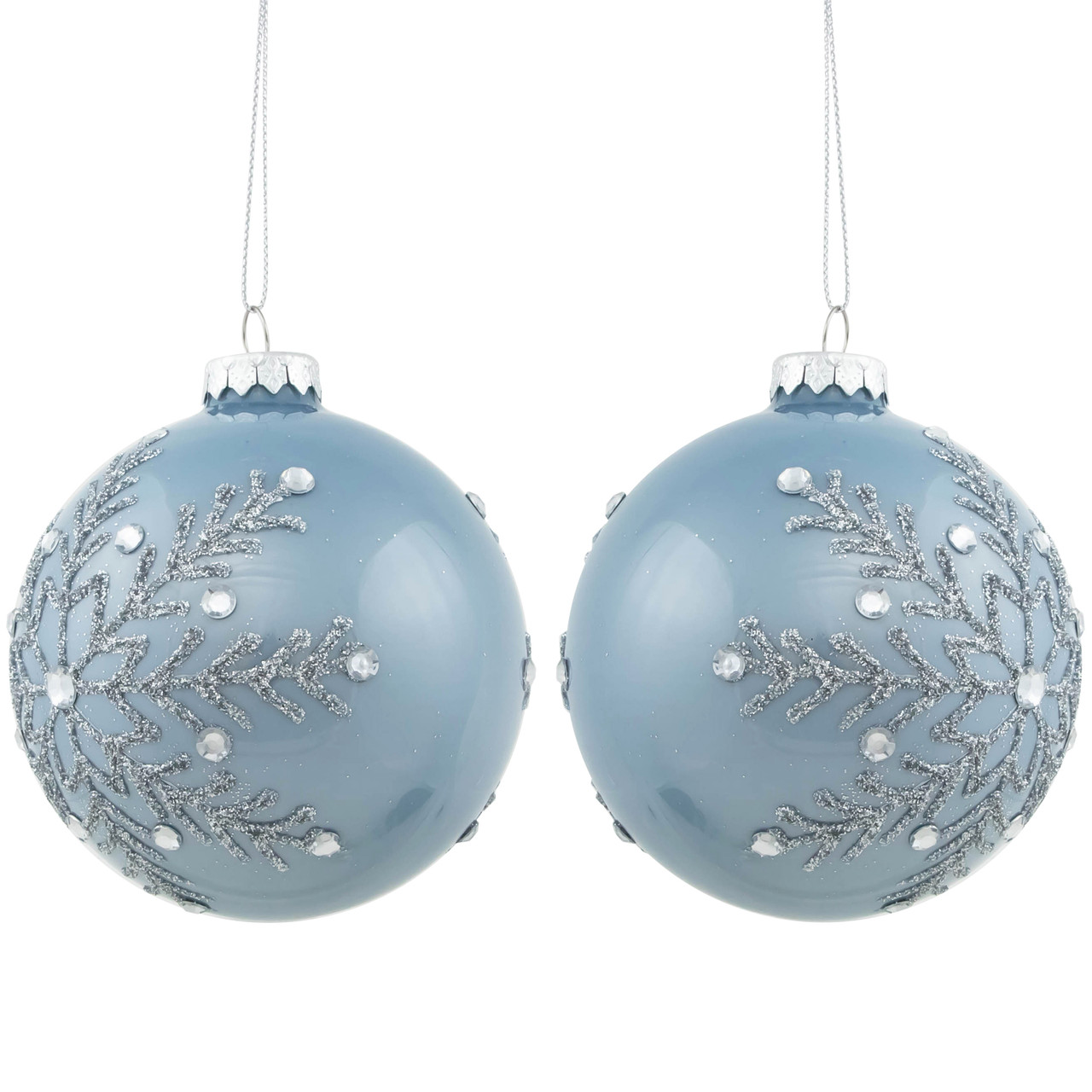 Set of 2 Shiny Stone Blue Glitter Snowflakes Glass Christmas Ball Ornaments 4"