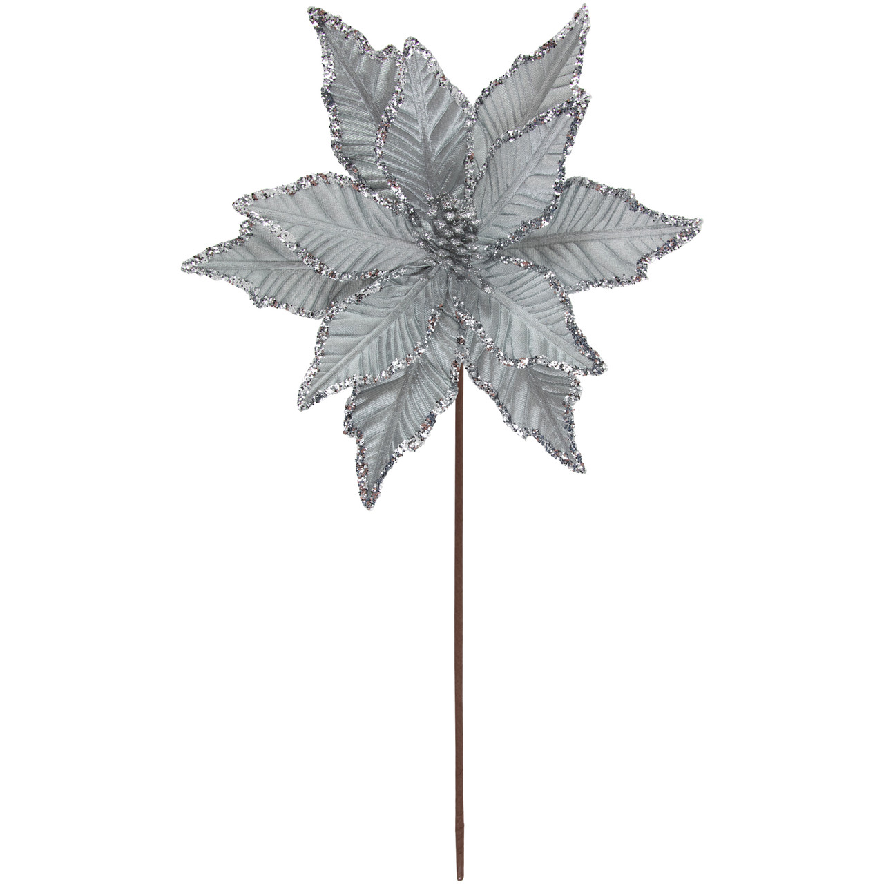 25" Glittered Silver Poinsettia Christmas Stem Spray
