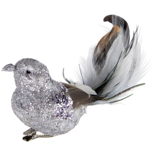 8" Silver Glitter Embellished Bird with Clip and Feathers Christmas Ornament