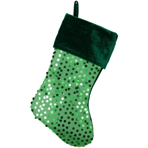 20" Shiny Metallic Green Sequined Christmas Stocking with Velveteen Cuff