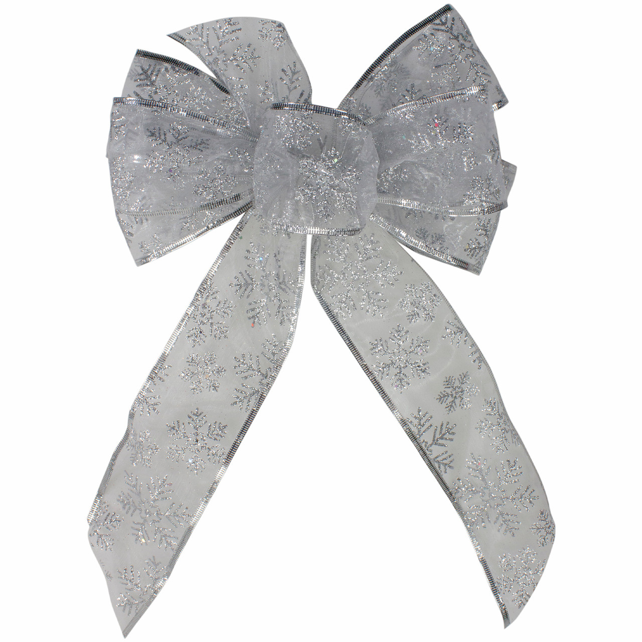 Glitter Snowflake 6-Loop Sheer Christmas Bow Decoration - 9" x 14" - Silver
