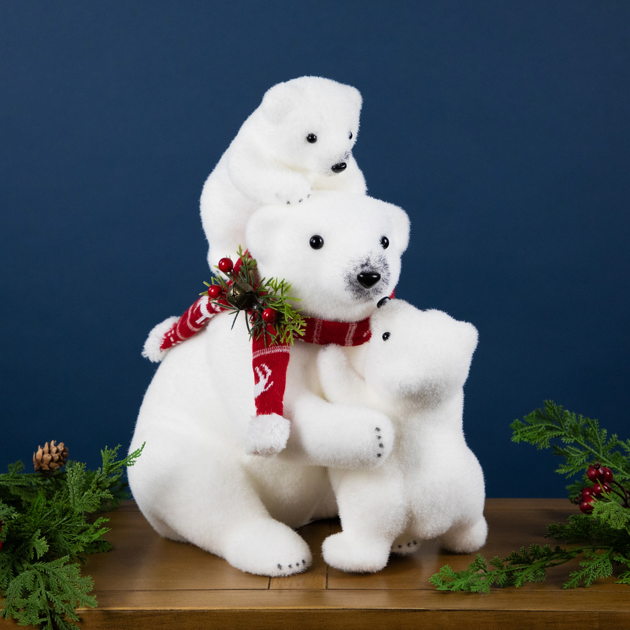 Mama Polar Bear and Cubs Christmas Figures - 13.5" - White and Red