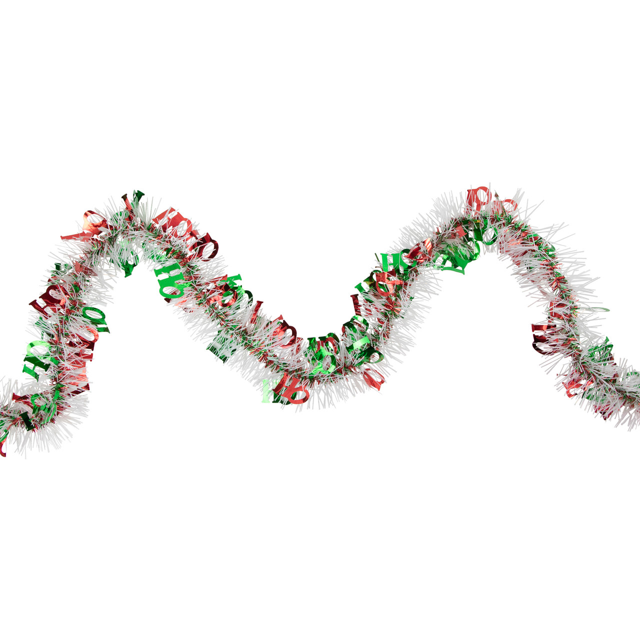 Christmas HO HO HO Wrapped Tinsel Garland - 50' x 2.5" - White, Red and Green - Unlit