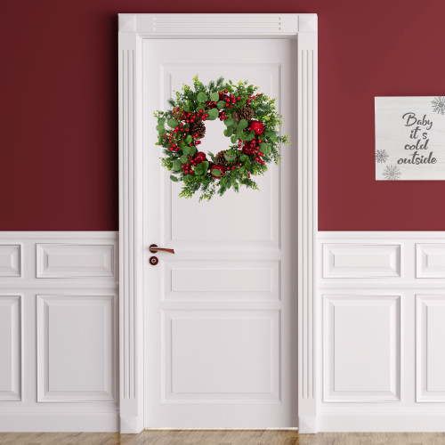 Crabapple and Berries Boxwood and Pine Artificial Christmas Wreath - 26" - Unlit