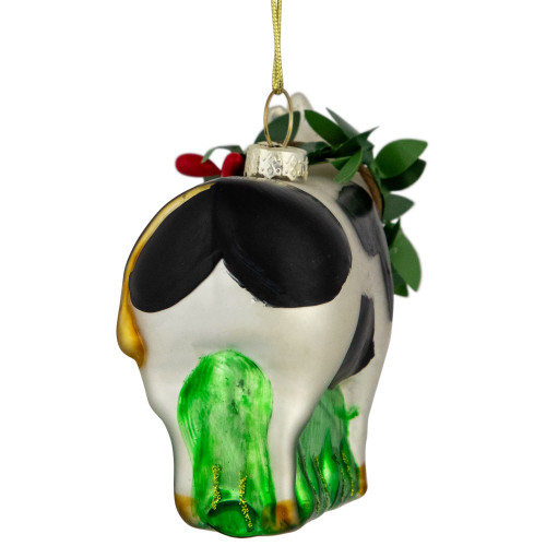 3" Cow with Wreath Christmas Glass Hanging Ornament
