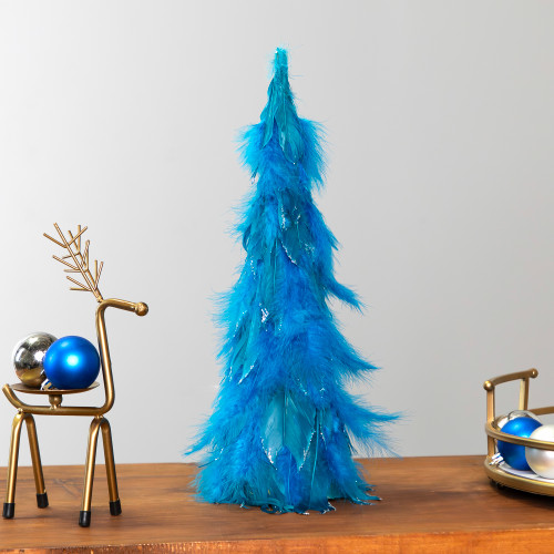 Small Two-Tone Layered Feathers Cone Tree Christmas Decoration - 16" - Turquoise