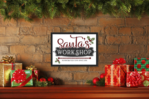 Santa's Workshop Handcrafted Toys 14.5" x 20.5" Framed Christmas Wall Decor Art Print Sign Poster in a Black Wooden Frame with UV Acrylic and Hangers
