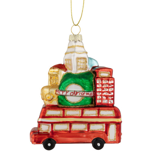4.5" Merry Christmas Double Decker Tour Bus Glass Ornament