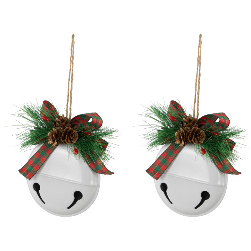 Jingle Bells with Bow and Pinecones Christmas Disc Ornaments - White - 5" - Set of 2
