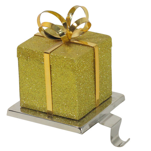 5.5" Glitter Gold and Silver Gift Box Metal Christmas Stocking Holder