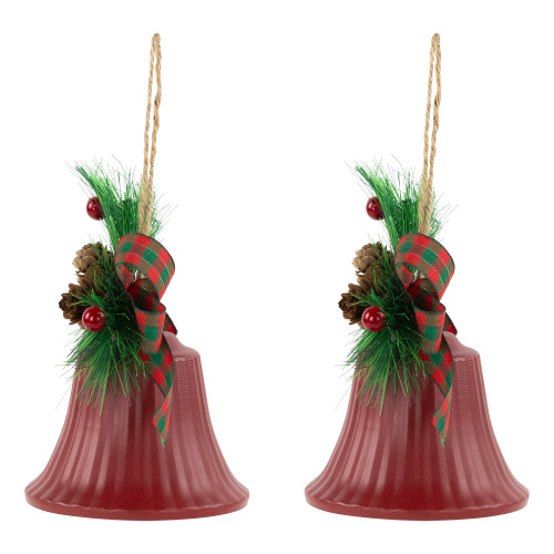 Bells with Pine Sprigs and Bow Christmas Ornaments- 7" - Red - Set of 2