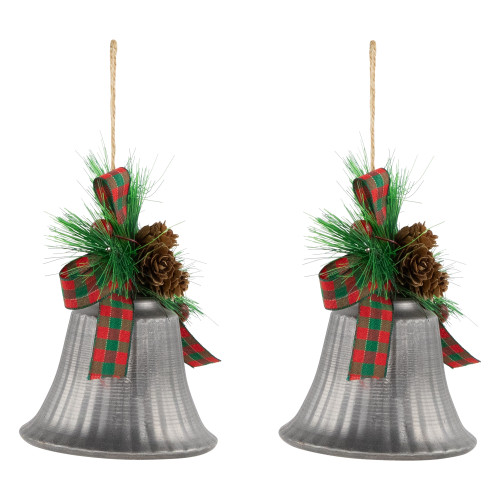 Bells with Pine Sprigs and Plaid Bow Christmas Ornaments - 7" - Silver - Set of 2