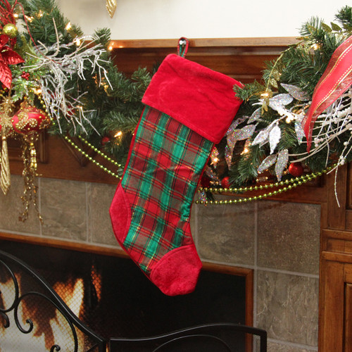 19" Christmas Traditions Red, Green and Gold  Woven Plaid and Velvet Stocking
