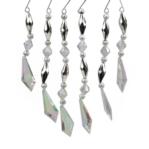 Set of 6 Silver and Clear Diamond Faceted Jewel Christmas Dangle Ornaments 7"