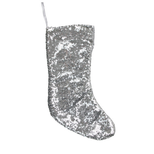17.5" White and Silver Sequins Hanging Christmas Stocking