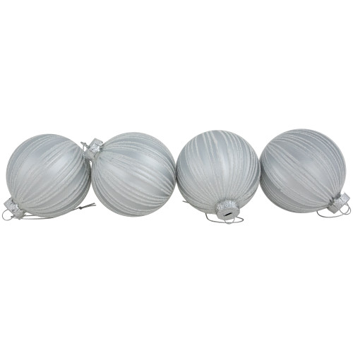 4ct Silver and White Glitter Striped Glass Ball Christmas Ornaments 3"