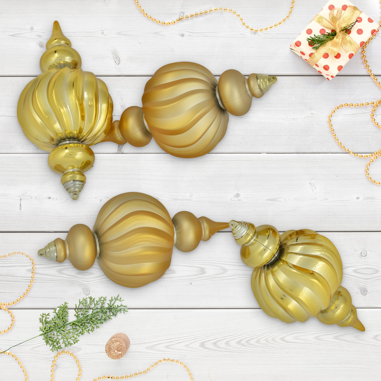 Commercial Size Shatterproof 2-Finish Finial Christmas Ornaments - Gold -10" - 4ct