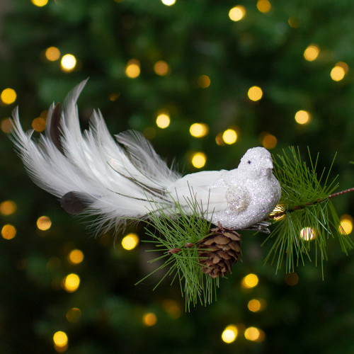 Glittered Bird with Feather Tail Clip-on Christmas Ornament - 8" - White and Black