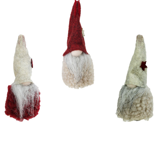 Plush Gnome Hanging Christmas Ornaments - 3.75" - Red and Beige - Set of 3