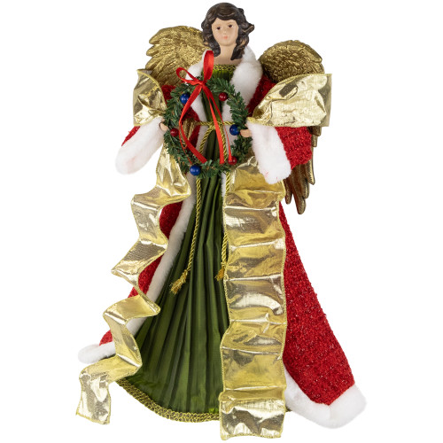 18" Red and Green Angel with Wreath Christmas Tree Topper, Unlit