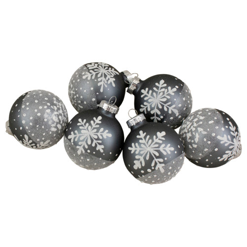 Set of 6 Gray and White Snowflake Glass Christmas Ball Ornaments 4" (101mm)