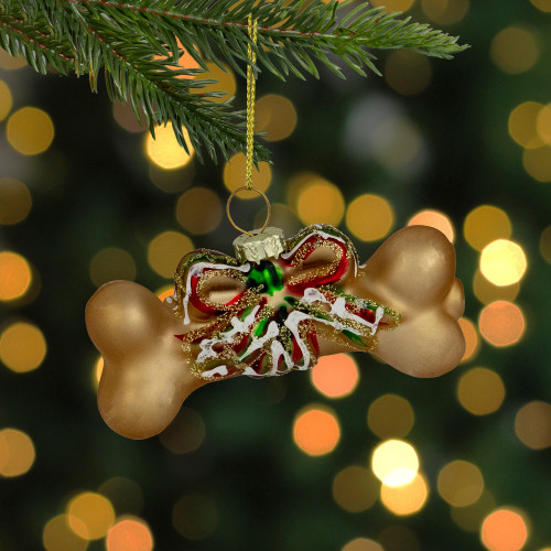 3.25" Gold Dog Bone with Bow Glass Christmas Ornament