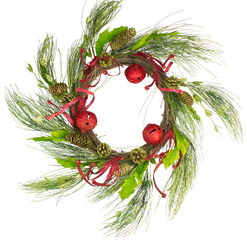Jingle Bell Glitter Pine Needle Artificial Christmas Wreath - 21"- Red - Unlit