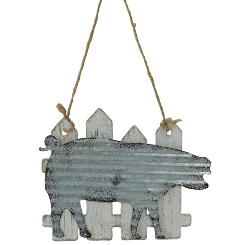 7" Country Rustic Pig and White Picket Fence Christmas Ornament