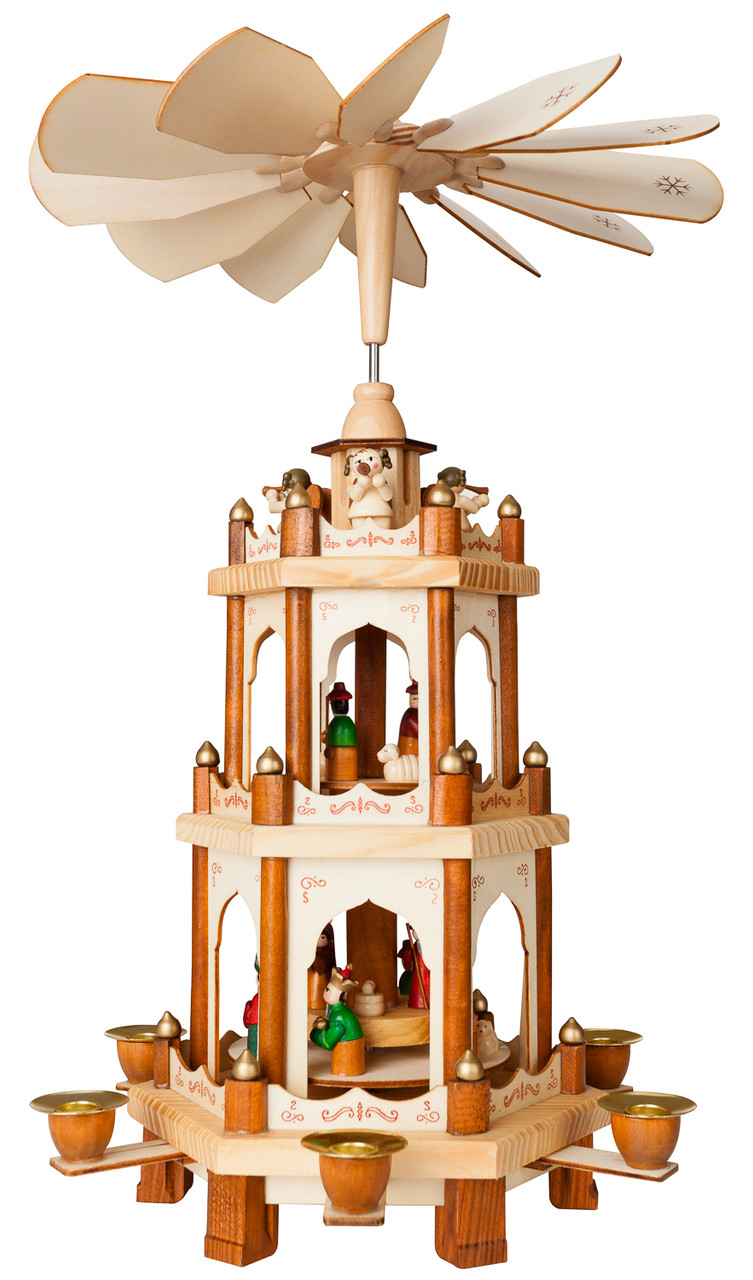 BRUBAKER Wooden Christmas Pyramid - 18 Inches - 3 Tier Carousel - Nativity Play - Designed in Germany