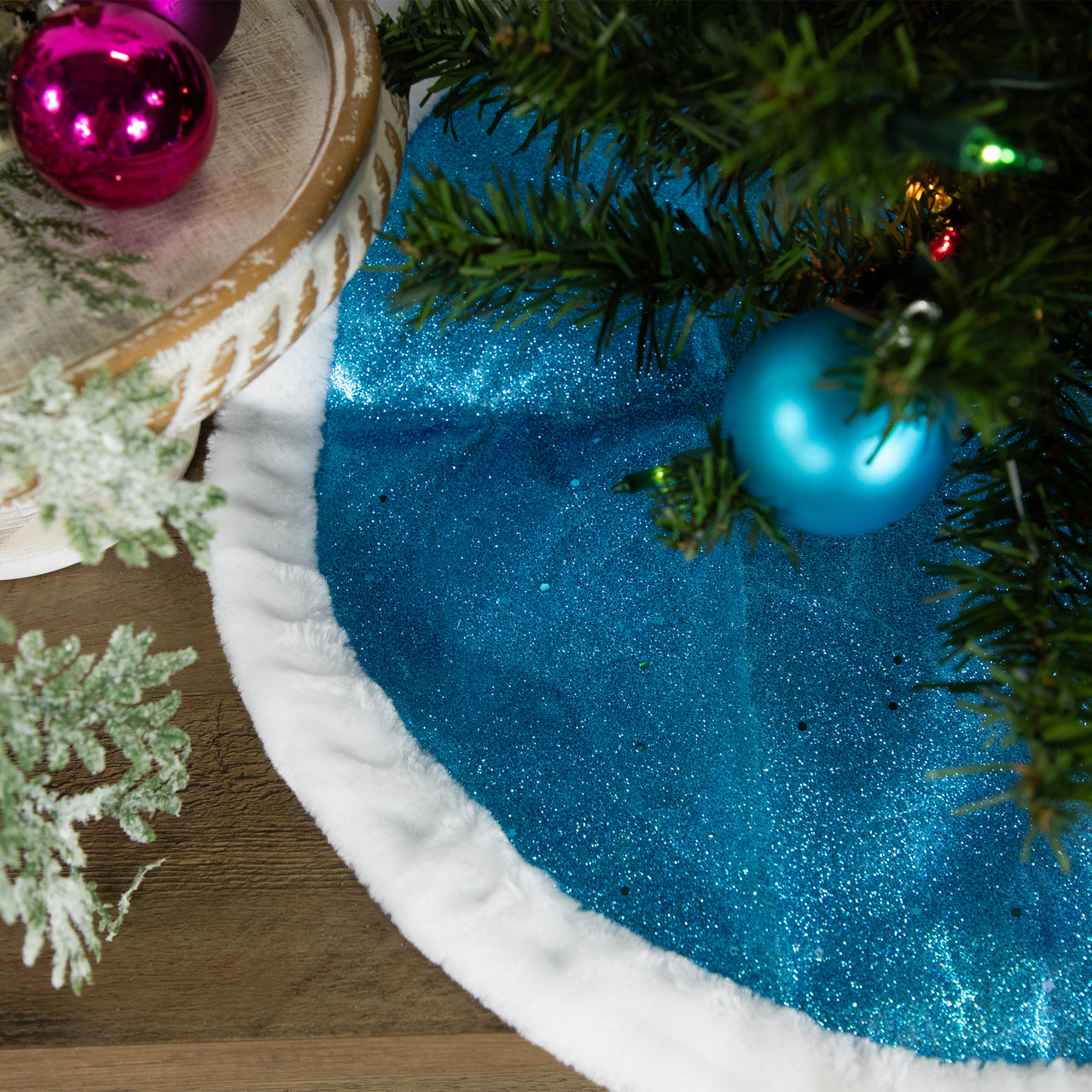 20" Blue Glittered Mini Christmas Tree Skirt with Fur Trim