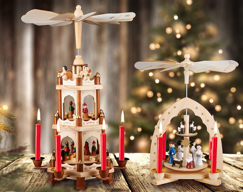BRUBAKER Wooden Christmas Pyramid - 18 Inches - 3 Tier Carousel - Nativity Play - Designed in Germany