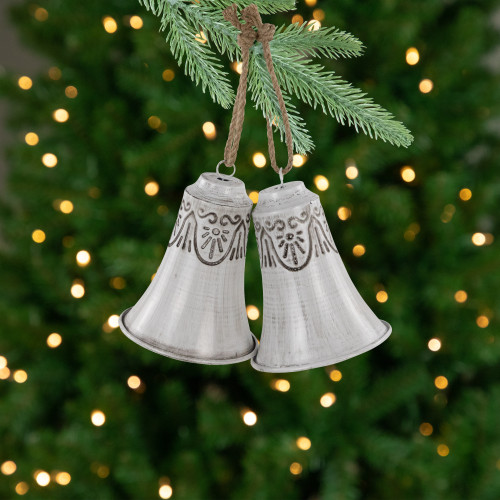 Embossed Bells Christmas Ornaments - 6" - White - Set of 2