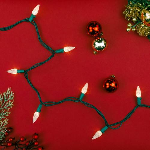 200-Count Warm White LED Faceted C6 Christmas Lights, 66.25 ft Green Wire