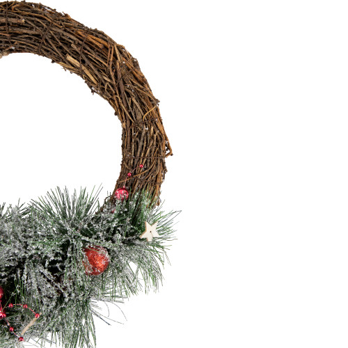 Red Ornaments, Pine Needle and Stars Frosted Christmas Wreath, 13.75-Inch