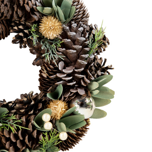 Silver and Green Mixed Foliage and Pinecone Christmas Wreath, 13.5-Inch, Unlit