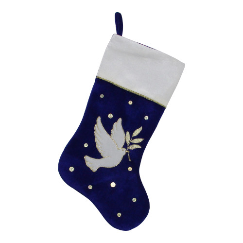 20.5" Royal Blue and White Velvet Dove with Olive Branch Christmas Stocking