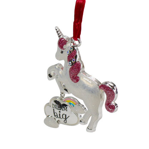 3.25" Silver Plated Dream Big Unicorn with European Crystals Christmas Ornament