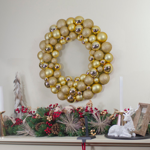 Vegas Gold 3-Finish Shatterproof Ball Christmas Wreath - 24-Inch, Unlit